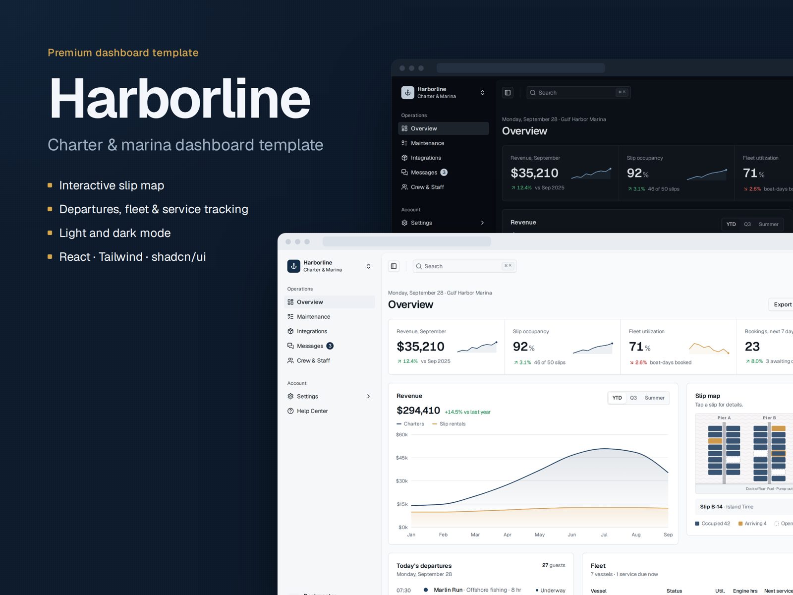 Harborline marina & boat charter dashboard template in light and dark mode